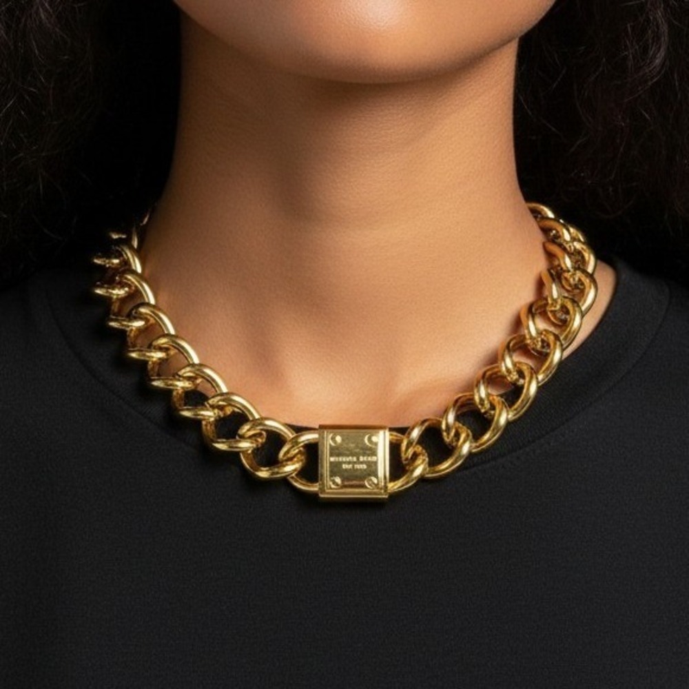 Michael Kors Gold Chunky Curb Chain Padlock Necklace Y2K Heavyweight Statement